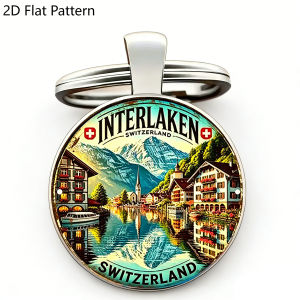 1pc Interlaken Switzerland Keychain 2D Flat Glass Dome Keyring Swiss Vintage Mountain Design Travel Souvenir Car Backpack Charm