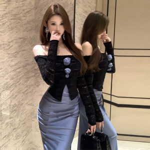 Váy Đuôi Cá Ren Dài Một Từ Chất Liệu Lông Cừu Thời Trang Thanh Lịch Váy Bó Eo Dài Mùa Thu 2024 Không Tay Váy Chữ a