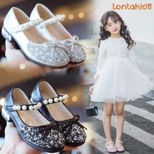 lontakids Kid Baby Girl Princess Leather Shoes Children Sequin Pearl Princess Shoes Shining Velcro Closure Anti-slip Crystal Shoes For Wedding Birthday Party