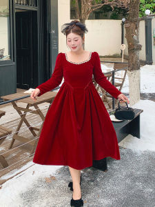 Pork Belly Not Meat Plus Size Ladies French Banquet Evening Dress Square Collar Skirt Plus Size Fall and Winter Fancy Slimming Dress Women
