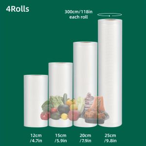 4-Pack Vacuum Sealer Rolls: Heavy-duty BPA-free food-grade. Dot embossed for leak-proof seals free-cut for bulk storage. Pres