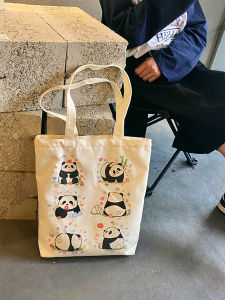 Cute Panda Canvas Bag Womens Large Capacity Single Shoulder Handheld Tote Bag Dailybag Original Design Student Class Bag