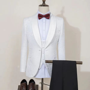 3 Pieces Men Suit Jacket Vest Pant White With Black Lapel Pattern Single Button For Wedding Business Banquet Party Office