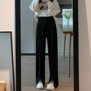 High Waist Slimming Pear Shape Casual Trousers for Women with Pocket Full Length Straight Leg Design Plus Size Wide Leg Opening