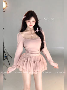 Xinzhengyan plus Size Sweet Spicy Girl Pink Square Collar Long Sleeve T-Shirt High Waist Puffy Skirt Womens Set Casual Korean Style