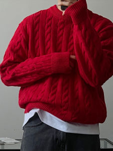 Red Thickened Knitted Sweater for Men Lazy Style Warm Inner Wear Twist Yarn Autumn Winter Outerwear Casual Loose Fit round Neck