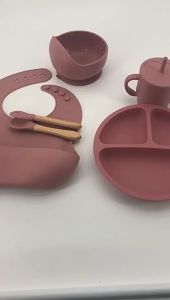 3/8pcs Silicone Tableware Baby All in One Feeding Assistance Plate Spoon Bib Bowl Cup Non-Toxic