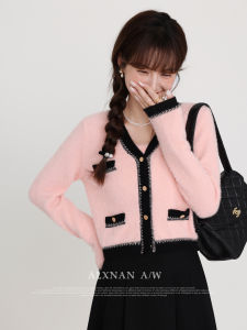Áo Cardigan Knit Ngắn V-neck Màu Sắc Khối