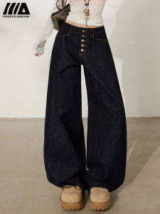 American Style Retro Wide Leg Denim Jeans Womens Multi-Buckle Design Loose Slimming Versatile Knife Pants Casual Cotton