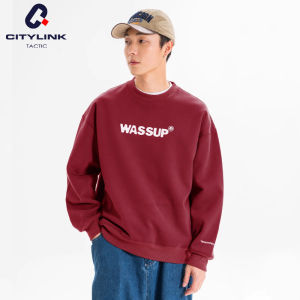 Wassup Letter Print Long Sleeve Sweatshirt round Neck Mens Spring Autumn Heavyweight Casual Comfortable Cotton Polyester Blend