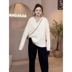 เสื้อคาร์ดิแกนถักมีฮู้ดแบบมีซิปสองช่อง ทรงหลวม ทรงเข้ารูป สำหรับผู้หญิงไซส์ใหญ่ ฤดูใบไม้ร่วง/ฤดูหนาว เสื้อคลุมกันหนาวแบบลำลอง