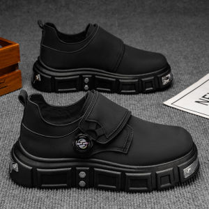 Mens Winter Retro Pure Black Trendy Brand Large Head Derby Shoes Leather Upper Heightening Thick Bottom Casual Trendy Shoes