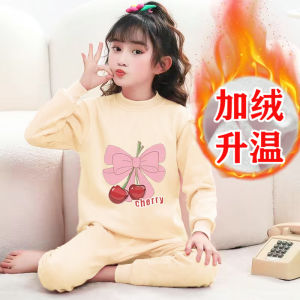Warm Fleece Lined Underwear Set for Girls Baby Home Clothes Cartoon Design Polyester Fiber Thermal Sleepwear Kids Ensemble