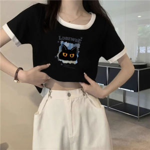 Color Block American Retro Design Short Sleeve T-Shirt Women Summer Casual Print Loose Fit round Neck Top Youth Fashion