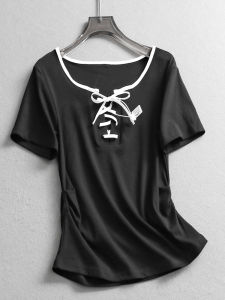 Slim Fit round Neck Short Sleeve T-Shirt Womens Commute Versatile Butterfly Knot Belt Summer New Style Casual Cotton Tee