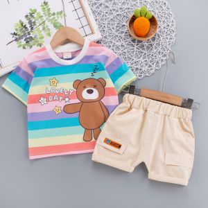 สีทึบ เสื้อยืดลายหมี เด็กผู้ชาย กางเกงขาสั้นผ้าฝ้าย ชุดเซทสองชิ้น ผู้หญิงฤดูร้อน