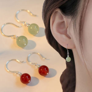 Luxury Round Hetian Jade Bead Pendant Earrings Red Agate Ear Hook Earring Women Romatic Party Jewelry Gift