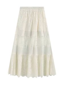 MI TANG Lace Hollow out A-Line Skirt Womens Versatile Slimming Design Floral Half Body Skirt High Waist Long Dress