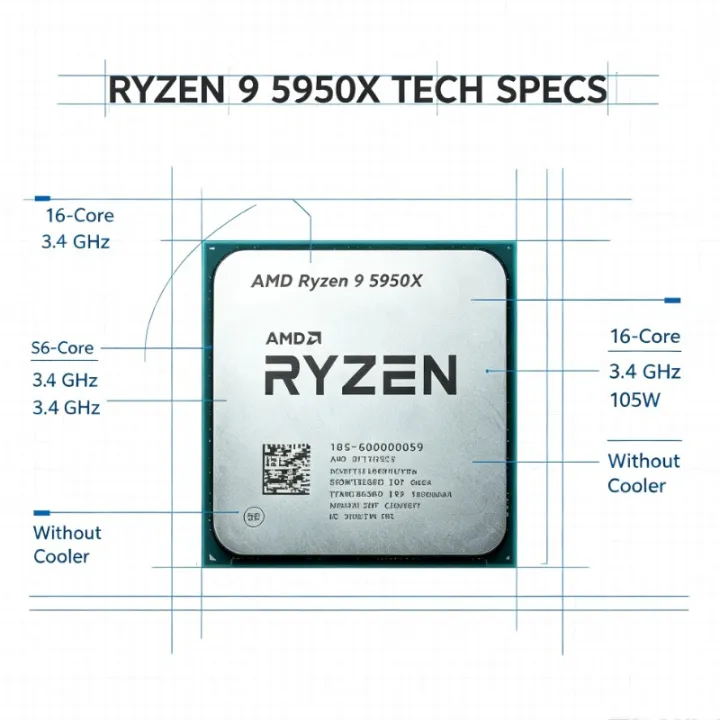 AMD | AMD Ryzen 9 5950X 16‑Core 32‑Thread Desktop Processor Socket AM4 105W Without Cooler For Gaming Workstation Build