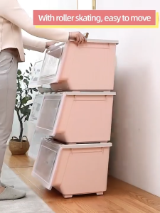 Hisoa Flip Top Storage box Stackable Organizer Plastic Transparent Storage Container Box with Wheels