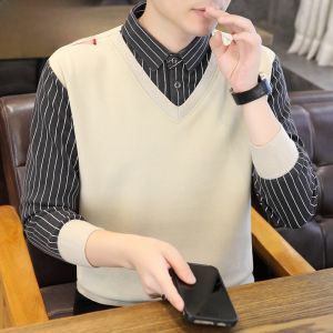 HENGYUANXIANG | Hengyuanxiang Mens Knitted Sweater Fleece Lined Thickened Shirt Collar V-Neck Winter Fashion Casual Comfortable Polyester Blend