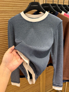 Stripes Shoulder Long Sleeves T-Shirt Womens Spring and Autumn 2024 New Arrival Silm Short Fake Two-Piece Tops Inner Bottoming Shirt