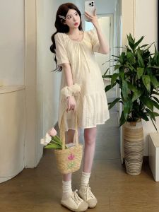 Váy Mùa Hè Cho Bà Bầu Kiểu Dáng Ngắn Thêu Ren Kiểu Pháp Váy Chữ a Cạp Cao Bằng Vải Polyester Dài Tay Màu Trơn