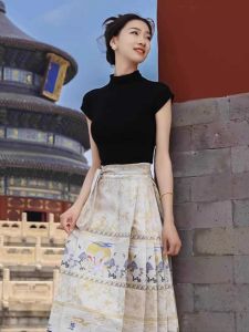 Slim Fit Half High Collar Short Sleeve Black T-Shirt Korean Style Commute Pure Color Summer Thin Knitted Top for Women