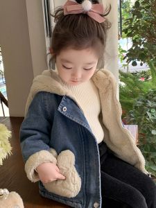Áo Khoác Lót Lông Cừu Dày Cho Bé Gái Áo Khoác Cotton Mùa Đông Ấm Áp Phong Cách Hàn Quốc Có Mũ Trùm Đầu Áo Khoác Trẻ Em