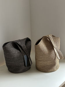 กระเป๋าถือทรงถังขนาดใหญ่ทำจากเส้นใยธรรมชาติ กระเป๋าสะพายไหล่แบบหนึ่งด้าน กระเป๋าผ้าปักลายโบฮีเมียน กระเป๋าสำหรับวันหยุด