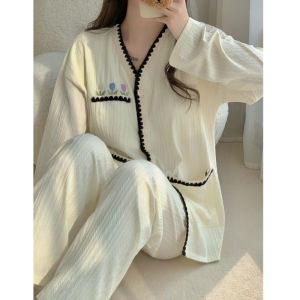 Ladies Pure Cotton Sleepwear with Chest Pad Spring Autumn New Style Open Cardigan Long Sleeve Long Pants Home Clothes Set