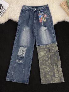 กางเกงยีนส์ทรงหลวมสไตล์อเมริกัน ลายพิมพ์ลายทหาร กางเกงขายาวชาย สไตล์ย้อนยุค ทรงหลวม ขาดๆ ทรงหลวม ทรงหลวม