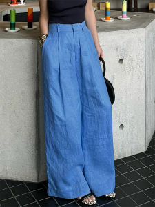 PAIBOLI | กางเกงขายาวทรงหลวมเอวสูงผ้าฝ้ายลินินสีน้ำเงินสำหรับผู้หญิงในช่วงฤดูร้อน กางเกงขายาวทรงหลวมสบายๆ สไตล์เกาหลี