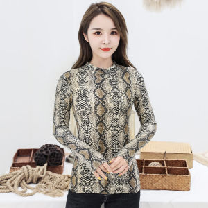 Winter 2025 Womens Slim Fit Long Sleeve T-Shirt Fleece Lined Half High Collar Zebra Print Base Shirt Soft Comfortable Korean Style