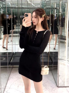 Elegant Black Long Sleeve Knitted Dress Womens Slim Fit Fashionable French Style New 2025 High Quality A-Line Mini Dress