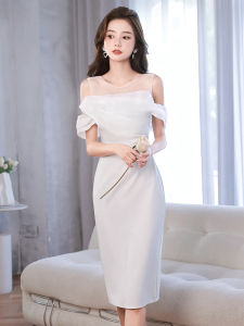 Elegant White Evening Dress Womens New 2005 High-End Slimming Wedding Dress Korean Style Short Sleeve mid Waist U-Neckline
