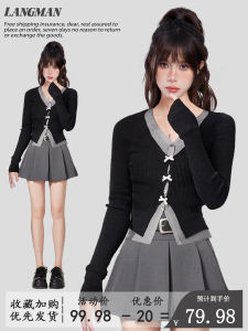 Black V-neck Fake Two-Piece Long Sleeves Knitwear Womens Spring and Autumn Silm Short Sweater Cardigan Early Autumn Coat Autumn