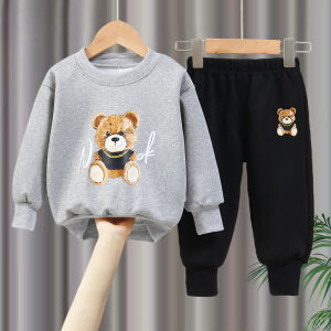 Stylish Bear Print Boys Sweatshirt Pants Set Sporty Casual Two-Piece Suit for Spring Autumn Ages 1-8 Cute Fashionable Kids
