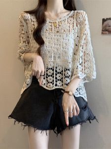 AIYITI | Lace Hook Flower Hollow Out Plus Size Womens Summer Loose Sun Protection Top Korean Style Round Neck Short Sleeve Shirt
