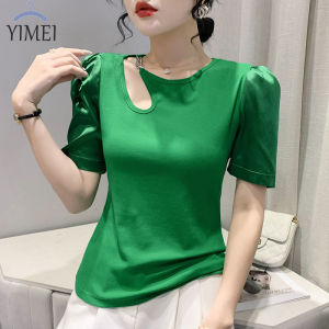 YIMEI Áo Thun Tay Phồng Cotton Thời Trang Mới Mùa Hè 2022 Áo Quây Dây Xích Phiên Bản Hàn Quốc Cho Nữ Áo Thun Cổ Tròn Tay Ngắn Áo Mặc Trong Màu Trắng