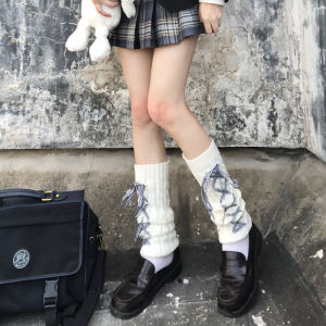 Lovely Girls House ถูงเท้ายาวแบบกอธิคสไตล์ญี่ปุ่นสำหรับผู้หญิงหญิงสาวโบว์ริบบิ้นที่อุ่นข้อเท้า ระดับเข้าถักแขนเสื้อฤดูหนาว