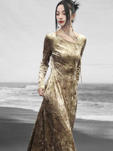 Velvet Long Dress Womens Style New Chinese Print Neck Hanging Slim A-Line Skirt Vintage Wind Spring Autumn Winter Fashion