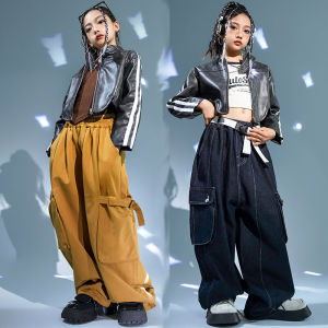 Childrens Jazz Dance Outfit Short Leather Jacket Set Workwear Pants Girls Dance Performance Clothes Cotton Ethnic Stage Costume