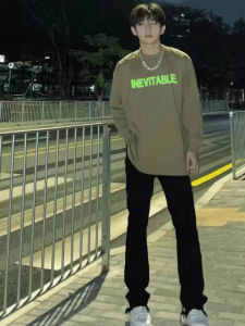 Áo Thun Dài Tay Dáng Rộng Cổ Tròn in Chữ Phong Cách Đường Phố Mỹ Dành Cho Nam Mùa Thu 2025 Áo Thun Cotton Thường Ngày Thời Trang