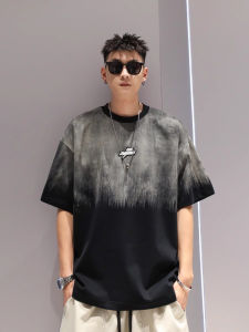 Loose Fit Gradient Color Short Sleeve T-Shirt Mens Casual Splicing Contrast Color Summer Breathable Cotton Polyester Blend