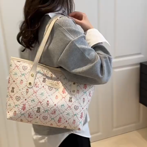 EchoBliss  กระเป๋าผ้าใบใบเล็กสดใสใหม่กระเป๋าสะพายไหล่พร็อพสวยหวานกระเป๋าโท้ทพิมพ์ลายความจุขนาดใหญ่