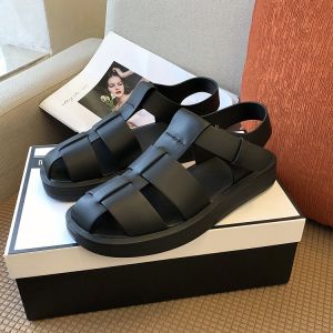 2024 New Retro Fashionable Genuine Leather Woven Hollow out Toe Sandals Women Summer Flat Bottom Roman Shoes Low Heel Rubber Sole