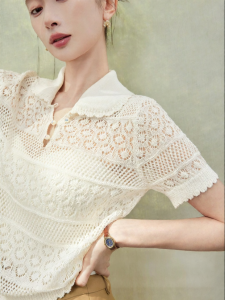 SUSHE | Vintage College Style Lacework Peter Pan Collar White Knit Short Sleeve Top