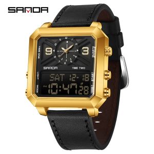 SANDA Business Sports Square Dual Display Mens Quartz Watch Waterproof LED Analog Digital Countdown Electronic Male Wristwatch
