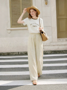 XIANGYING | Textured Loose High Waist Straight Leg Pants Women Long Pants